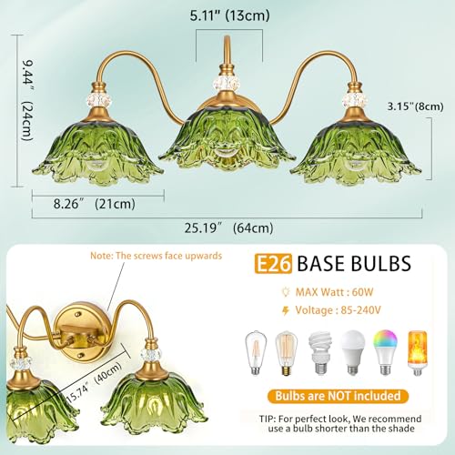 Image of Vintage Bathroom Vanity Light, 3-Light Matte Brass Finish Vanity Light with Floral Green Glass Shades, Retro Wall Sconce for Bathroom, Dressing Table