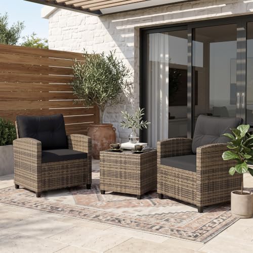 Image of Tangkula 3 Piece Patio Furniture Set, Rattan Conversation Set w /Soft Seat & Back Cushions, Tempered Glass Topped Coffee Table, Cushioned Wicker Seating Set for Backyard, Porch, Poolside