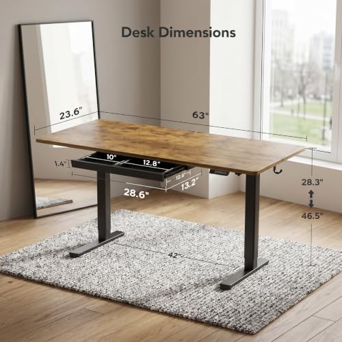Image of Claiks Electric Height Adjustable Standing Desk with Drawers, 63 x 24 Inch Sit Stand Desk for Home Office, Computer Desk Workstation,Rustic Brown