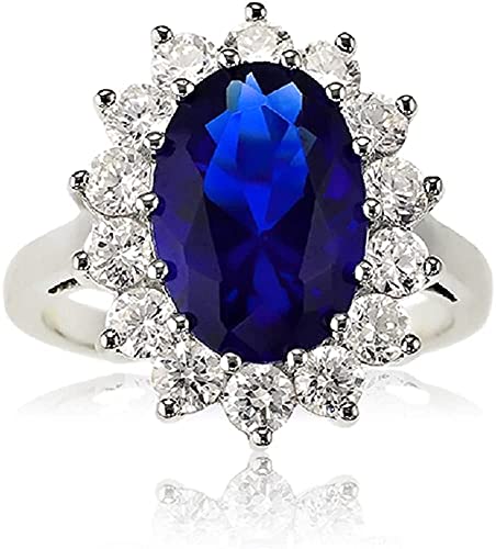 Beaux Bijoux Sterling Silver Large Oval Created Blue Sapphire and Clear Cubic Zirconia Statement Bridal Engagement Princess Diana/Kate Middleton Royal Ring