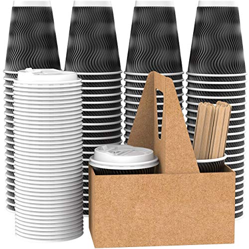 VANAKI 85 Sets - 12 Oz Disposable Paper Coffee Cups with Lids + Wooden Stirrers + [BONUS] Cup Carriers - Triple Layer Insulated Togo Hot Cups - Leak Proof Reusable Paper Cup and Lid - Fully Recyclable