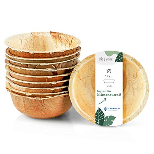 Wiseware Palmblatt Schale Ø 19 cm – 25 Stück Einweg-Schüssel rund 750ml – biologisch abbaubares Palmblattgeschirr – kompostierbares Partygeschirr – nachhaltiges Einweggeschirr