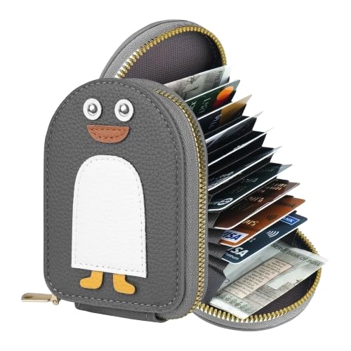 Cartoon Penguin Small Wallet with Zip Closure, Portable Card Holder Organizer with Multiple Card Slots and Coin Pocket, Cute Mini Purse for Women Girls and Kids (Grey)-image-34
