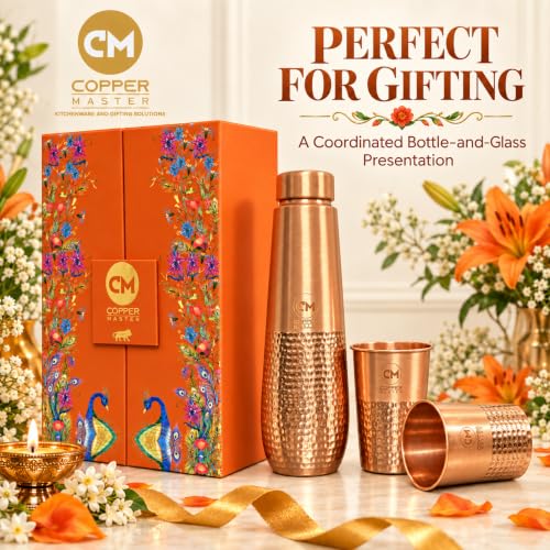 Image of Copper-Master Pure Copper Water Bottle 1L & 2 Glasses Set, Half Hammered