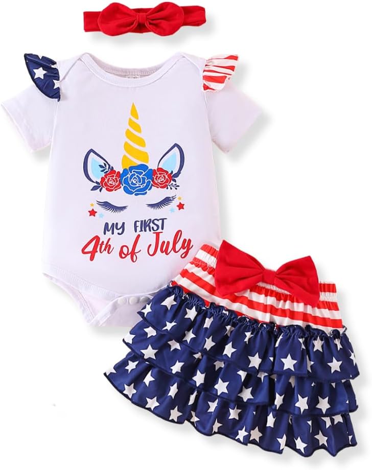 VitaliqueMy First 4Th Of July Newborn Baby Girl Outfits Set Ruffle Sleeve Romper Skirt with Headband 3Pcs Clothes