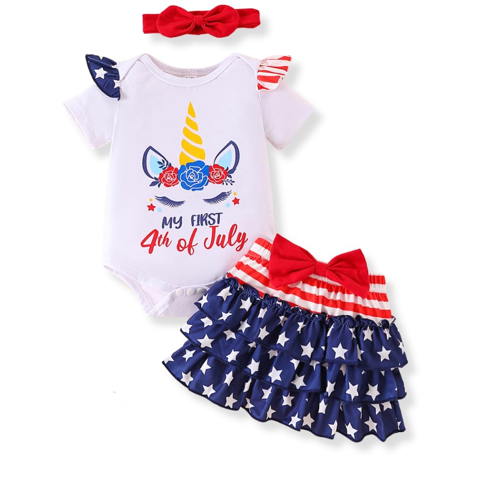 VitaliqueMy First 4Th Of July Newborn Baby Girl Outfits Set Ruffle Sleeve Romper Skirt with Headband 3Pcs Clothes