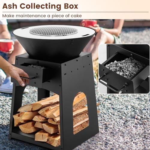 Image of Tangkula Outdoor Fire Pit with Storage, Patio Wood Burning Fireplace with Grill & Ash Box, Spacious Bottom Storage Compartment, Fire Poker & Gloves Included, Multifunctional Fire Pit for BBQ, Bonfire