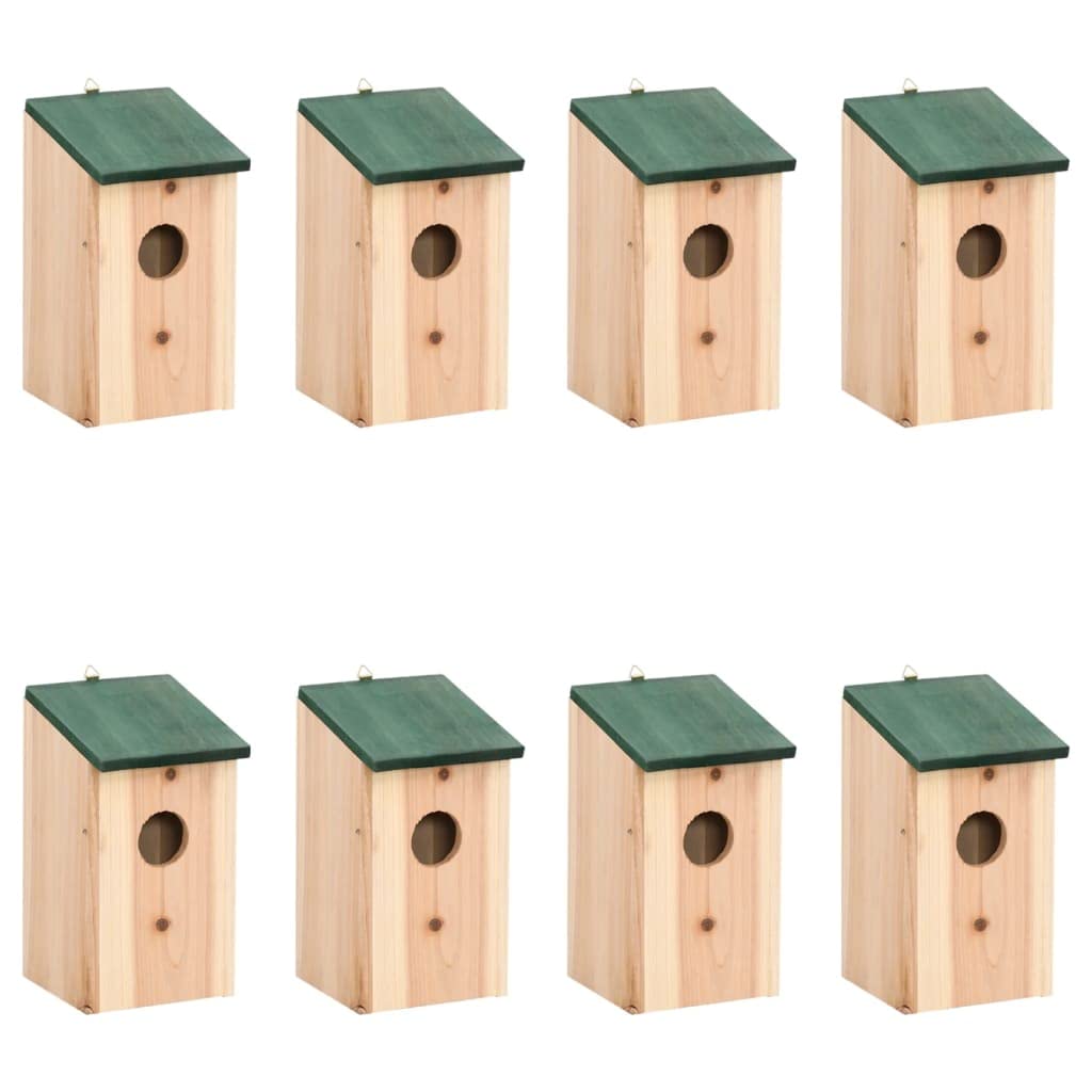 Pajareras de madera, 8 unidades, 12 x 12 x 22 cm, con techo verde, resistente a la intemperie, como nido, comedero y comedero para pájaros cantores en el jardín, balcón, terraza, árbol