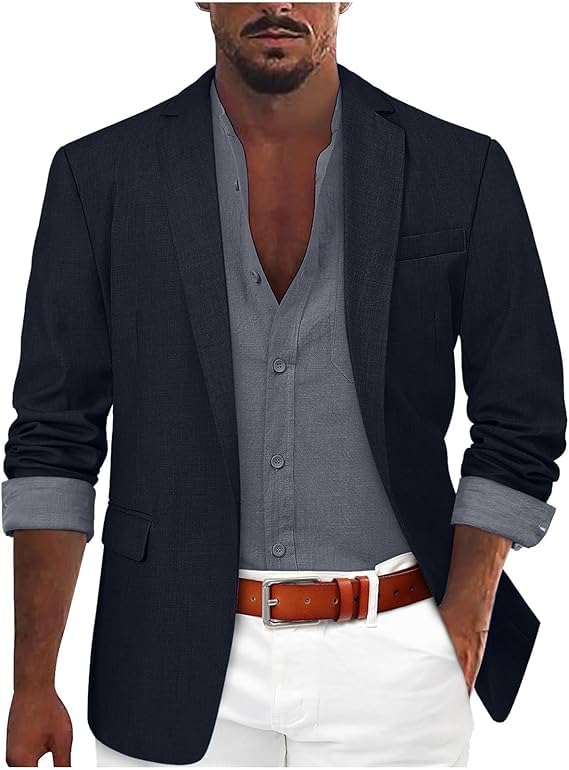 Blazer casual de ajuste regular para hombre, chaqueta ligera de color sólido, manga larga con bolsillo, chaqueta de vestir casual de negocios con botón de cuello de solapa, azul marino, 3XL