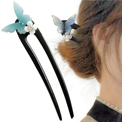 Image of Melodio Elegant Blue Butterfly U-Shaped Wooden Hair Stick - Floral Butterfly Hairpin Inspired by Traditional Style, Lightweight & Stylish Updo Accessory for Women