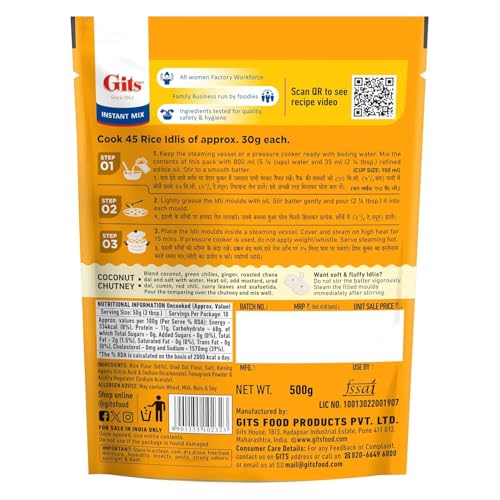 Image of Gits Instant Rice Idli Breakfast Mix, Makes 45 per Pack, Pure Veg, Authentic South Indian Breakfast Recipe, 1500g (Pack of 3 X 500g Each)