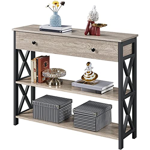 Yaheetech Grey Console Table with Drawer, Vintage Entry Table Slim Sofa Side End Table with 2 Storage Shelves for Living Room and Hallway, Metal Frame, 100x29.5x81cm