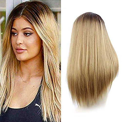 26" Lady New Fashion Long Straight Brown Root to Blonde Synthetic Full Wig Ombre Wigs for Women Christmas Thanks Giving Day Cosplay and Daily Use