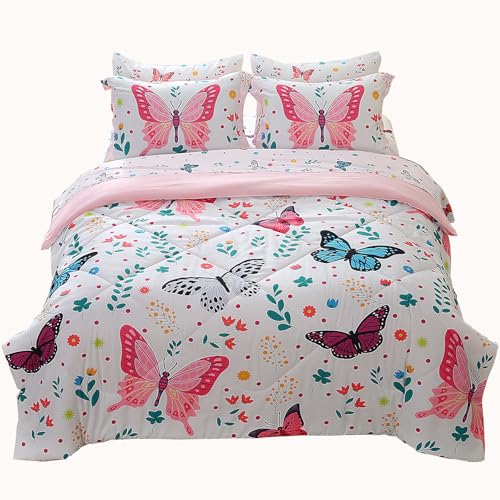 Wajade Butterfly Full Size Comforter Set for Girls Kids Adult Bedding Sets for Girls 7 Pieces Bed in a Bag Colorful Butterflies Flower Leaves Bedding Set All Season Lightweight