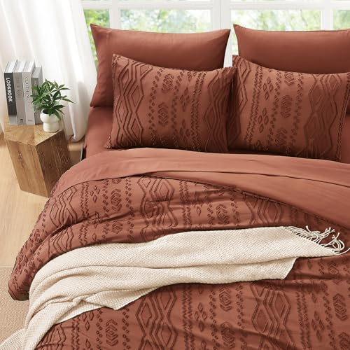 Image of AMBERSPACE King Size Comforter Set Autumn Leaf, Tufted Boho Bedding Farmhouse Bed Set, All Season 7 Pieces Bed in a Bag with Sheets, Pillowcases & Shams