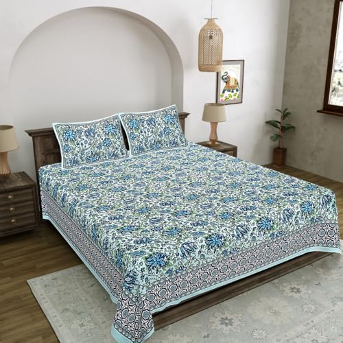 Image of Living Roots Jaipuri Hand Block Print Double Cotton Bedsheet & 2 Pillow Covers, for Mattress Upto 8 inches Thick, No Colour Bleeding, Blue Colour, Super King Size 96 * 104 inches, 150TC (580-C)