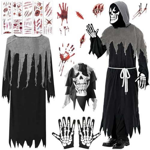 AMCHLEL Disfraz Halloween Parca para Niño con Túnica con Capucha, Máscara, Guantes, Cinturón y Tatuajes, Traje de Fantasma con Disfraz Terrorífico para Fiesta de Halloween y Carnaval Cosplay (140cm)