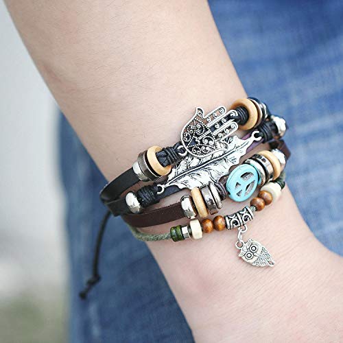 Image of Young & Forever Multi-Layer Leather Bracelet for Men | Adjustable Handmade Wrap Bracelet with Beads, Anchor, Evil Eye, Feather & Boho Charms | Vintage Punk Casual Wristband Gift for Men & Boys