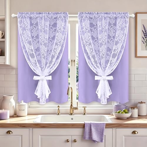Image of Yinhua Purple Kitchen Curtains 36 Inch Length Double Layer Blackout Curtains with Floral Sheer Overlay Rod Pocket Short Curtain for Windows, Small Window Curtain for Bathroom, Living Room, 2 Panels