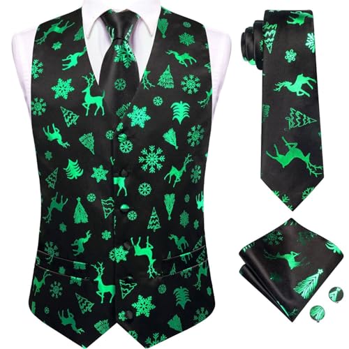 Hi-Tie Black Green Reindeers Christmas Vest and Tie Set For Mens Print Shiny Suit Waistcoat Necktie Xmas Holiday Party Tuxedo Vest