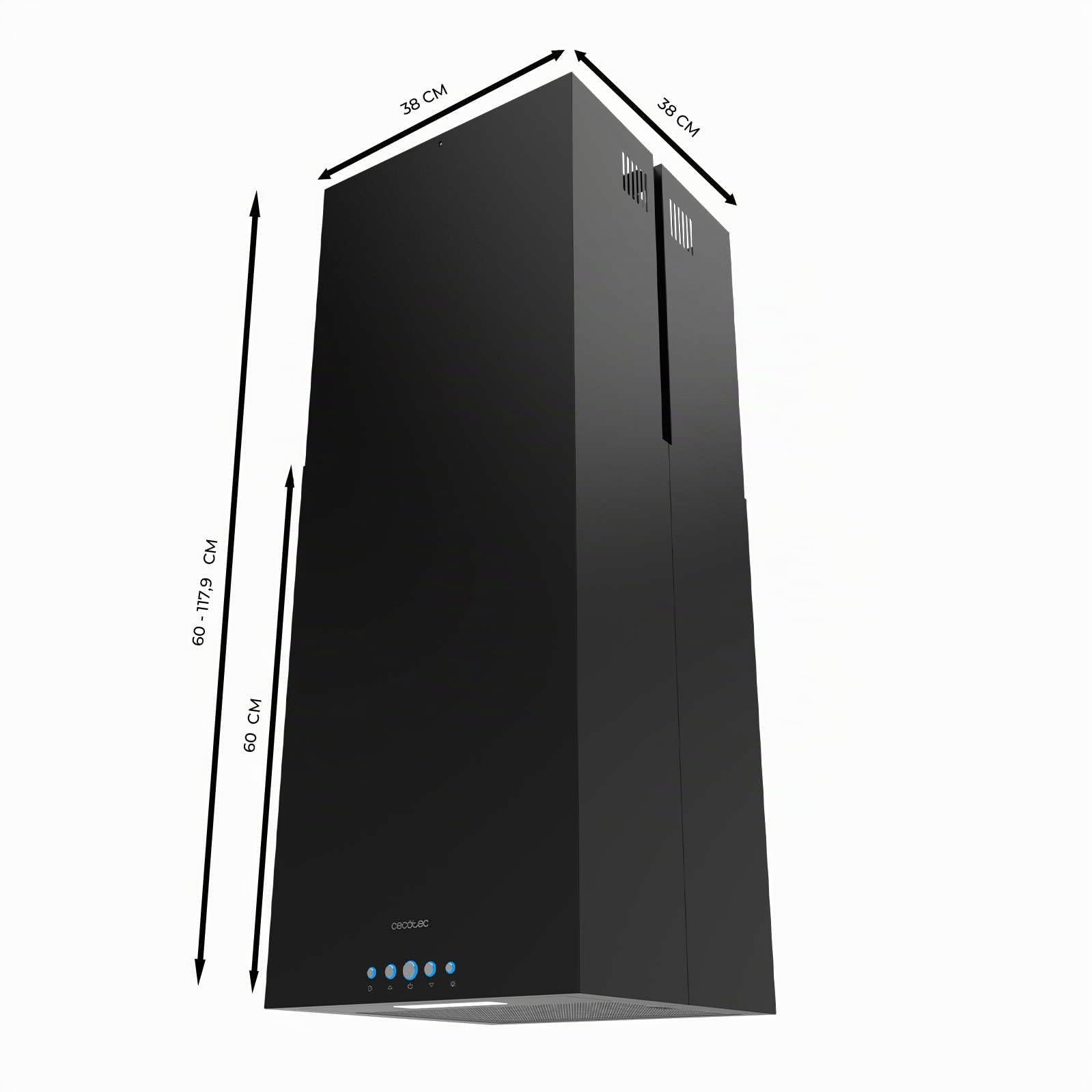 Cecotec Hotte Aspirante 38cm îlot Carré Bolero Flux Ict 388000 Black A++. Finition Noire, Aspiration 800M3/H, Moteur 210W, Commande Electronique, Lumière, Filtre à Charbon