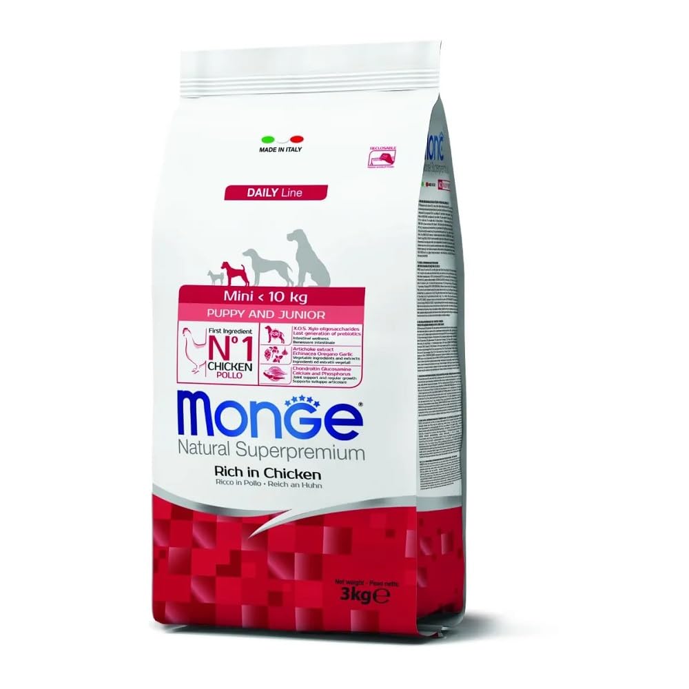 Monge Natural Superpremium Puppy And Junior Rich in Chicken, per Tutte Le Razze (Cibo Secco per Cani di meno di 10 kg, con Pollo, Molto Ricco di Fibre e vitamine, 3 kg)