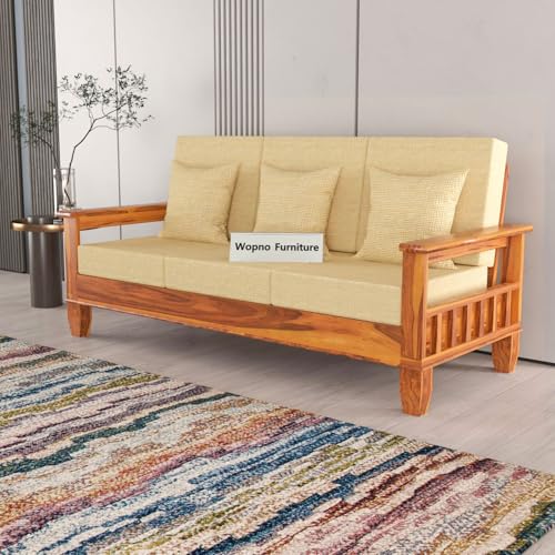 Image of Sheesham Wooden 3 Seater Sofa for Living Room | Rosewood Cushion Sofa with Side Newspaper Holder for Home & Office | Solid Wood Sofa Set for Lounge (Honey, 3 Seater)