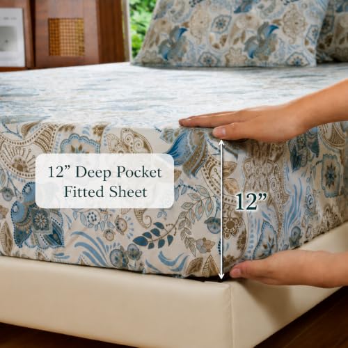 Image of FADFAY Twin XL Sheets Set 4 Piece Blue Paisley College Bedding 100% Egyptian Cotton Dorm Room Bedding, Soft Breathable Dorm Sheets Extra Long with Deep Pocket Luxury Hotel Quality for All Seasons