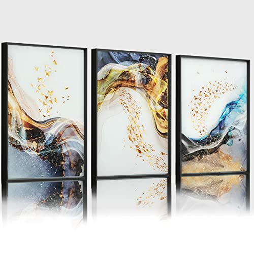 Living Room Golden Glitter Craft Abstract Wall Art Decor Pictures, Large Landscape Tempered Glass Prints For Home Decorations, 3 Panels #TOP10