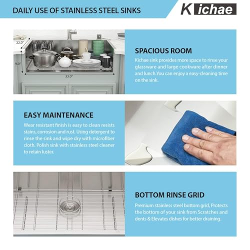 Image of Kichae 33 Drop In Kitchen Sink - 33x22 Kitchen Sink Drop in Topmount Single Bowl 16-Gauge Stainless Steel Drop Sinks Round Corner Basin With Rack & Stainless Steel Sink Grid