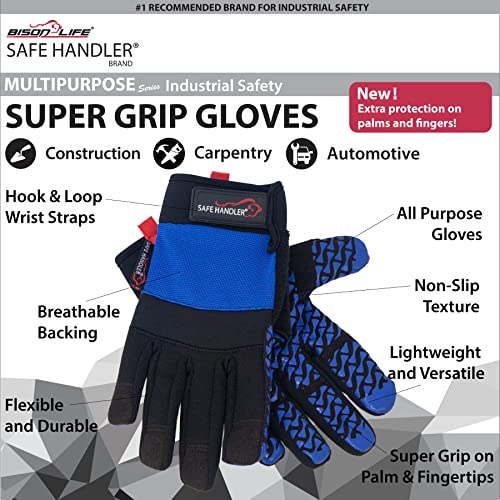 Safe Handler Super Grip Gloves | Textured Grip Palm, Non-Slip Texture, Hook & Loop Wrist Strap, Black/Blue, S/M, 1 Pair (2 Gloves) #TOP6