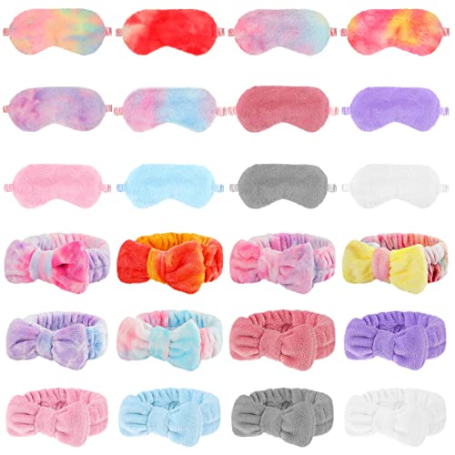 Xuhal 24 Pcs Sleepover Party Favors for Teenager Girl, Solid Color and Tie Dyed Spa Headband Plush Eye Mask Bow Makeup Headbands Head Wraps Sleep Blindfold Masks Eye Cover for Sleepover Birthday Party