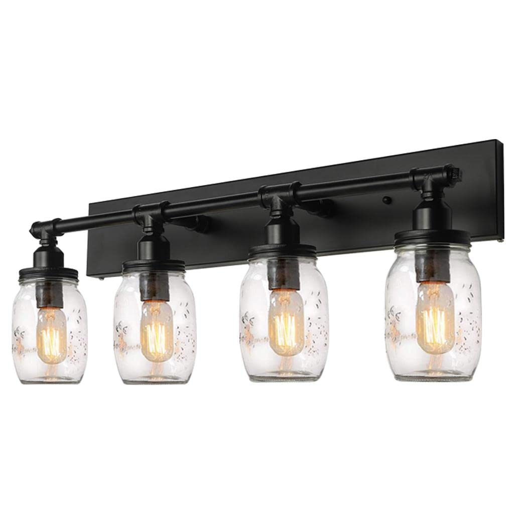 Bathroom Vanity Light Fixtures, Industrial Black Vintage Wall Sconces with Glass Mason Jar Shades (4 Light)