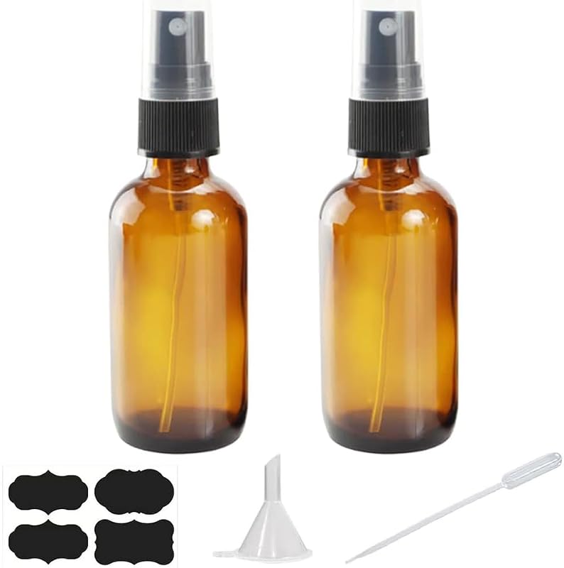 YUNFOOK Frascos de Vidro Âmbar com Spray de Névoa Fina 120 mL, Pacote com 2, Funil, Conta-gotas e Etiquetas