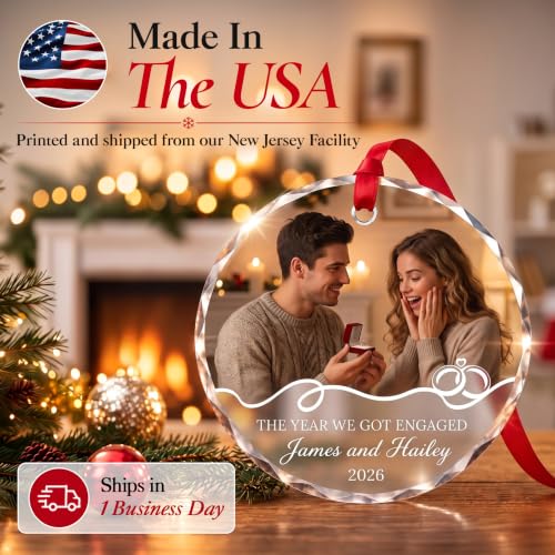Image of Engagement Ornament 2026, Personalized Glass Christmas Photo Keepsake