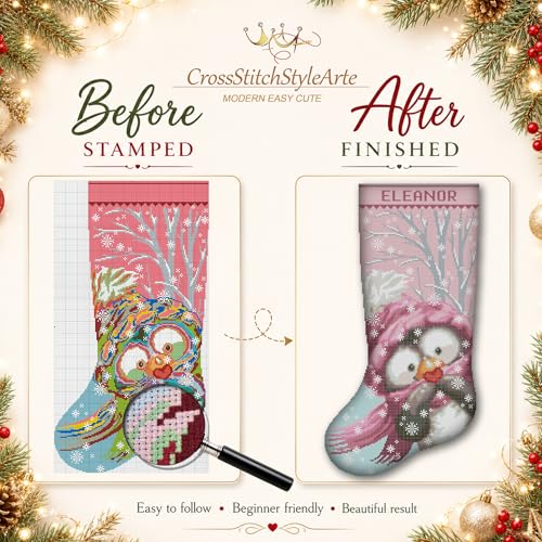 Image of Cross Stitch Kits for Adults Stamped Personalized Christmas Stockings, Cute Penguin Needlepoint Counted Easy Simple Animal Cross-Stitch Patterns for Beginners Embroidery Kit for Holiday Home Decor DIY