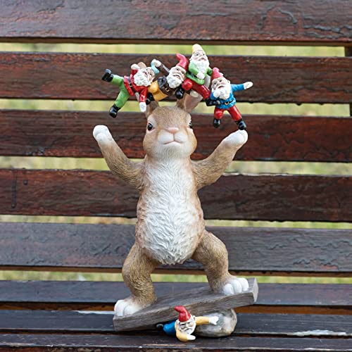 Suynybhf Garden Gnome Statue Outdoor Lovely Rabbit Playing With Garden Gnomes House Kitchen Figurine Patio Lawn Yard Art Housewarming Funny Resin Decoration 12.4Inch Gift By Hand Painted (Brown) #TOP1