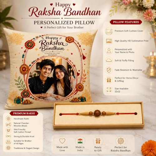 Image of Personalized Photo Pillow 12x12 Inch Cushion with Cover & Filler - Custom Gift for Birthday, Anniversary, Couple, Girlfriend, Boyfriend, Husband, Wife, Friends. (RakhiPilow-02)