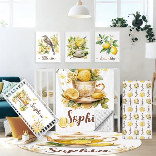 Hatchaa Personalized Crib Bedding Set with Name, 5 Pcs Custom Baby Crib Set for Boys Girls, Lemon Yellow Bird Theme Baby Bedding Set, Double Layer Nursery Bedding Sets for Toddlers Infants