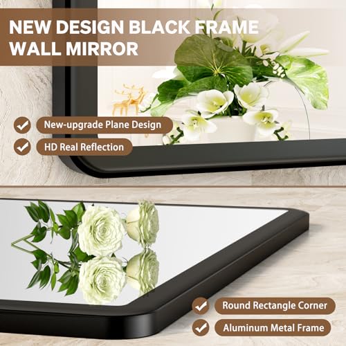 New Upgrade Bathroom Mirror, 24X36 Inch Black Metal Frame Wall Mounted Rounded Rectangle Bathroom Vanity Mirror with Tempered Glass for Washroom Bedroom Living Room