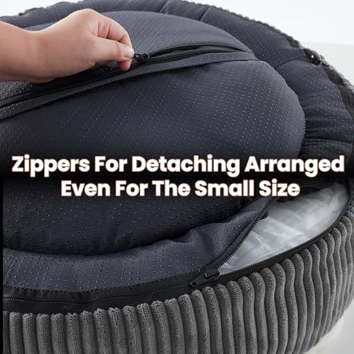 Image of 23 inches Donut Dog Bed for Small Dogs - Calming Round Puppy Bed with Removable &Washable Cover, Plush Faux Fur & Corduroy Pet Bed for Cats, Fits Pets up to 15 lbs(Dark Grey,Small)