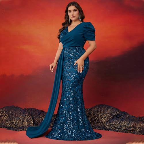 Elegant Women’s Formal Dress Wedding Guest Puff Sleeve Mermaid Ball Gowns Court Train Plus Size Sequin Dresses Long3