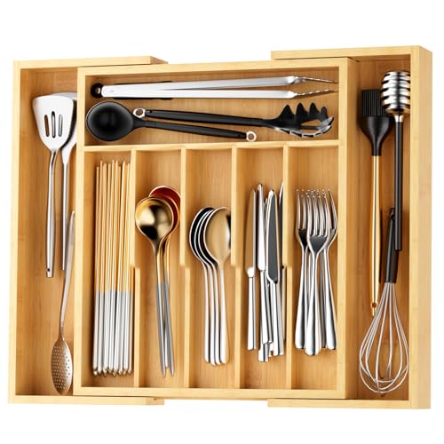 Yirilan Cutlery Drawer Organiser Wooden Cutlery Tray Large Extendable Size Bamboo Cutlery Drawer Organiser for Knife Forks and Cutlery. 29-57 x 34 x 4.6 cm (Large)