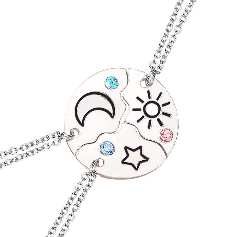 Hifot 3 Piezas Collares de la Amistad, Collar Estrella y Sol y Luna, Colgantes Mujer Plata, Collares de Mejores Amigas para 3 niña Bff Collar de Cristales Accesorios de Amistad