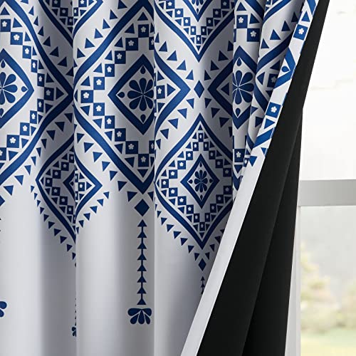 Blue And White Full Blackout Window Curtain Panels Tribe Ethnic Geometric Pattern Decorative Top, Back Tab Rod Pocket Design, Geo Room Darkening Window Treatment Sets 52" L X 84" W For Living Room #TOP2