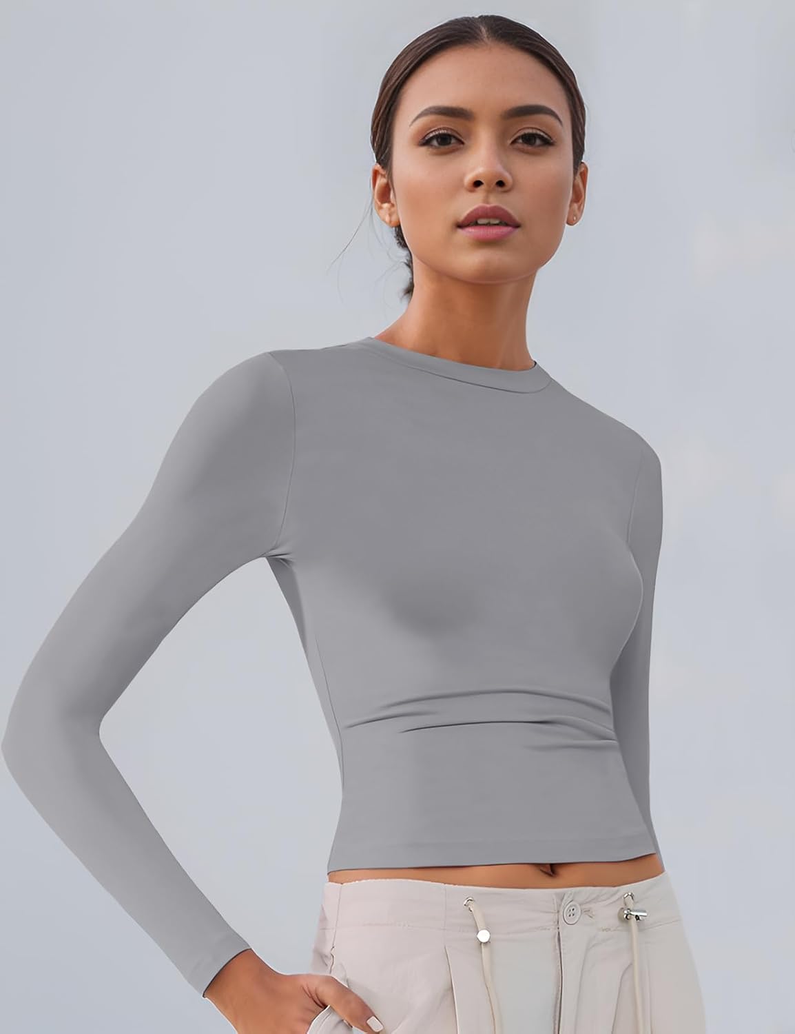 Women's Soft Long Sleeve Shirts Crew Neck Tops Basic Tees Stretchy Going Out Crop Tops Y2K Slim Fit T-Shirts - Image 2