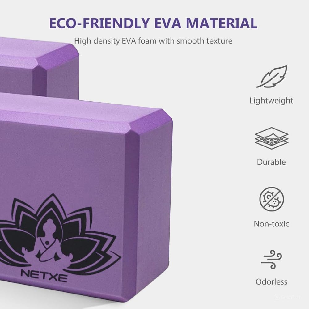 NETXE Yoga Block and Yoga Strap Set, High Density Foam Soft Non-Slip Yoga Blocks With 6FT Metal D-Ring And a beautiful logo that resembles yoga. 1