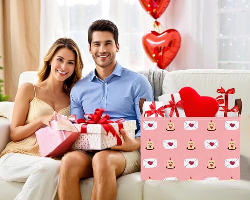 Image of Large Valentine's Day Basket Heart Shaped Storage Bin for Gifts Collapsible Organizer Room Decor (Pink Candle Envelope Love)