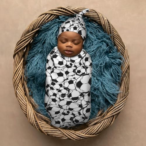 Image of Soccer Balls White Newborn Swaddle Blanket with Beanie Set Soft Baby Sack Stretch Adjustable Swaddle Wraps Receiving Blankets