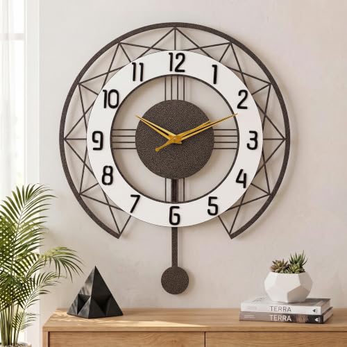 Image of Decorative Metal Wall Clock with Pendulum for Living Room | Modern Stylish Wall Clock for Bedroom, Hall, Office & Home Decor | Luxury Designer Analog Wall Clock (Antique Gold 15 Inch)